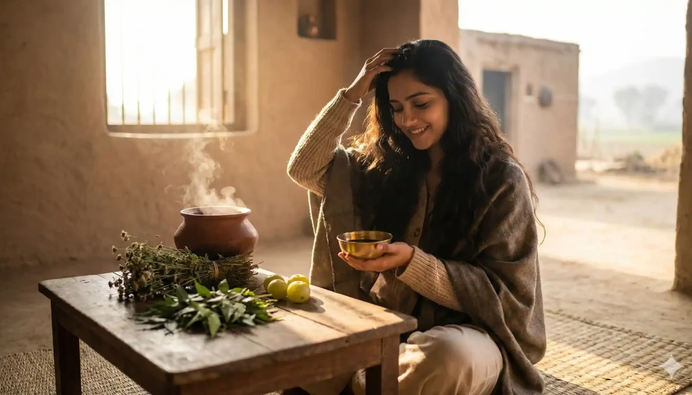बृंहगराज तेल से स्कैल्प मालिश करती भारतीय महिला, आयुर्वेदिक बाल रेगाने का नुस्खा | Indian woman massaging scalp with bhringraj and coconut oil for hair regrowth, Ayurvedic winter hair care