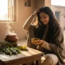 बृंहगराज तेल से स्कैल्प मालिश करती भारतीय महिला, आयुर्वेदिक बाल रेगाने का नुस्खा | Indian woman massaging scalp with bhringraj and coconut oil for hair regrowth, Ayurvedic winter hair care