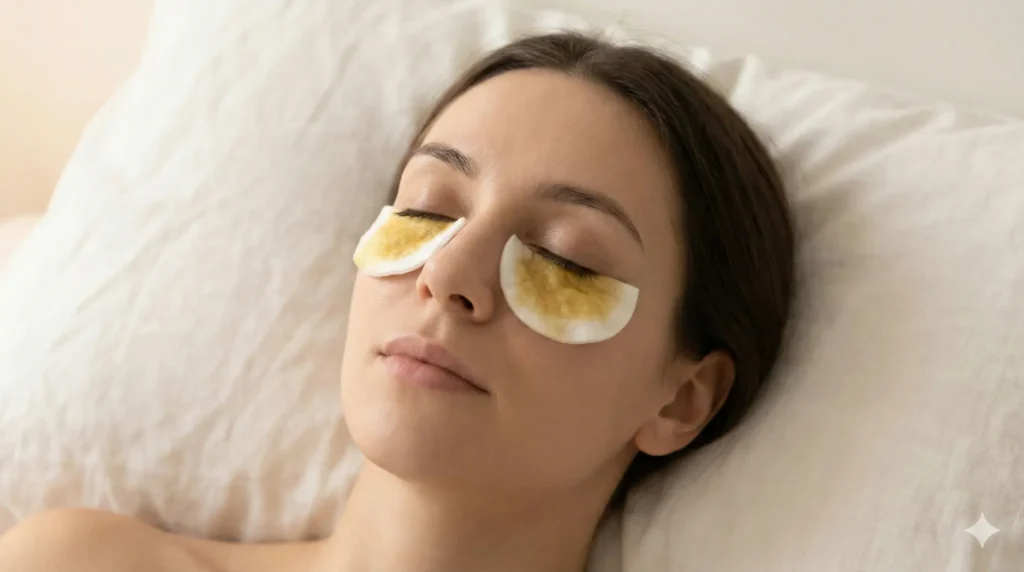 त्रिफला काढ़े से आंखों के नीचे काले घेरे दूर करना | Triphala herbal infusion on cotton pads for under-eye dark circles, Ayurvedic remedy