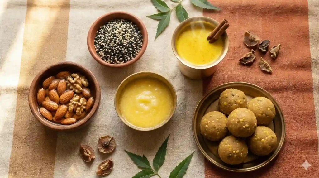 सर्दियों में बालों के लिए आयुर्वेदिक डाइट: बादाम, अखरोट, घी और हल्दी वाला दूध | Ayurvedic winter foods for hair growth – almonds, walnuts, sesame, turmeric milk on cotton cloth