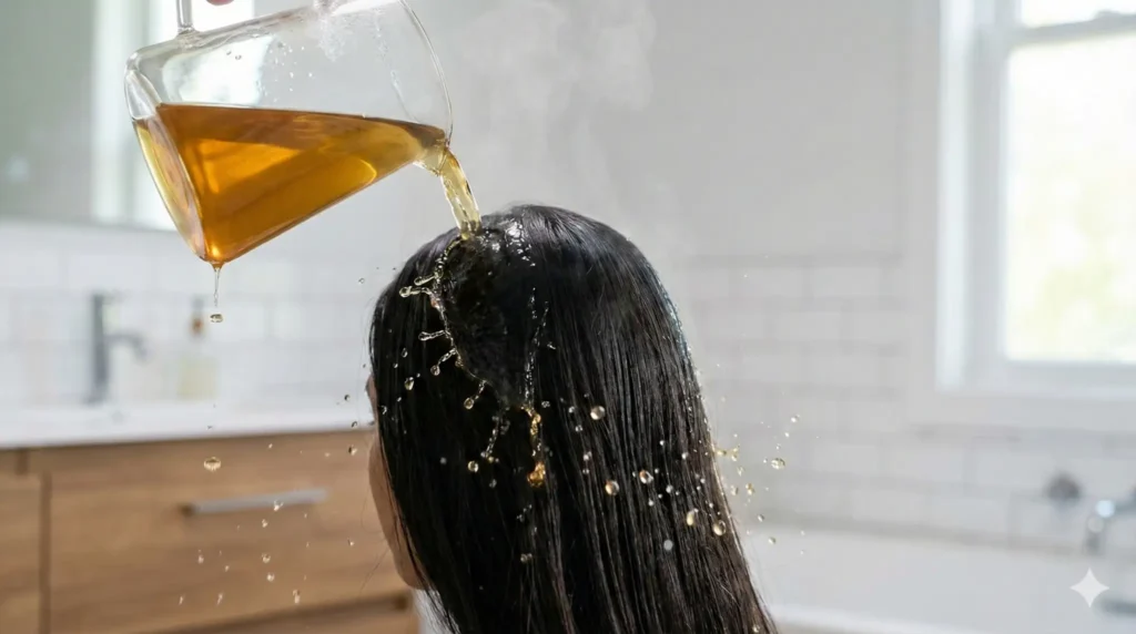 मुलेठी और नीम का सुनहरा काढ़ा बालों पर डालते हुए, सफेद बाथरूम में | Pouring golden licorice-neem herbal rinse over dark hair in clean bathroom, Ayurvedic final rinse for dandruff