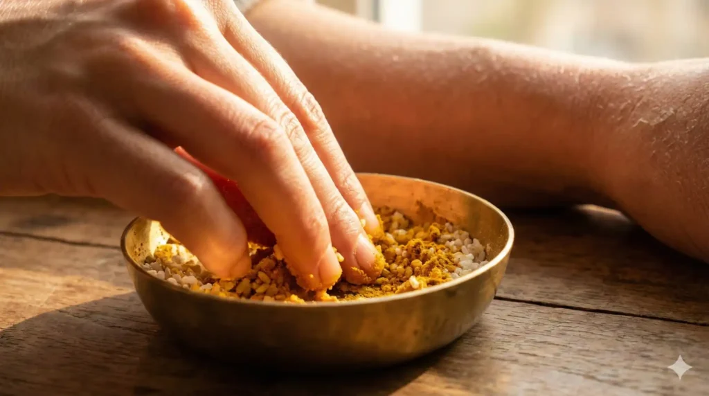 नारियल तेल, हल्दी और चावल के आटे का एक्सफोलिएटिंग फेस स्क्रब | DIY Ayurvedic winter face scrub with coconut oil and turmeric for dry skin