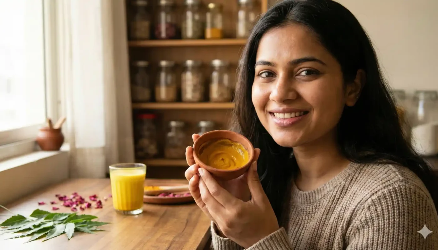 सर्दियों में चेहरे की चमक बढ़ाने वाली आयुर्वेदिक महिला, हल्दी-शहद मास्क के साथ | Indian woman with glowing skin using Ayurvedic turmeric-honey face mask for winter glow