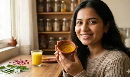 सर्दियों में चेहरे की चमक बढ़ाने वाली आयुर्वेदिक महिला, हल्दी-शहद मास्क के साथ | Indian woman with glowing skin using Ayurvedic turmeric-honey face mask for winter glow
