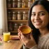 सर्दियों में चेहरे की चमक बढ़ाने वाली आयुर्वेदिक महिला, हल्दी-शहद मास्क के साथ | Indian woman with glowing skin using Ayurvedic turmeric-honey face mask for winter glow