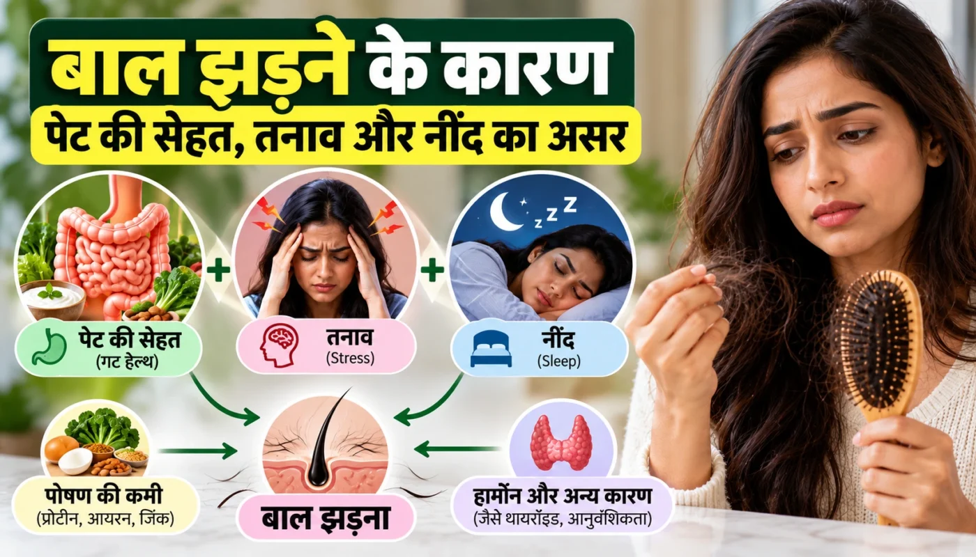बाल झड़ने के कारण—पेट की सेहत, तनाव, नींद, पोषण और हार्मोन